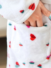Heart Print Fuzzy Night Robe Long Sleeve Robe Women's Sleepwear