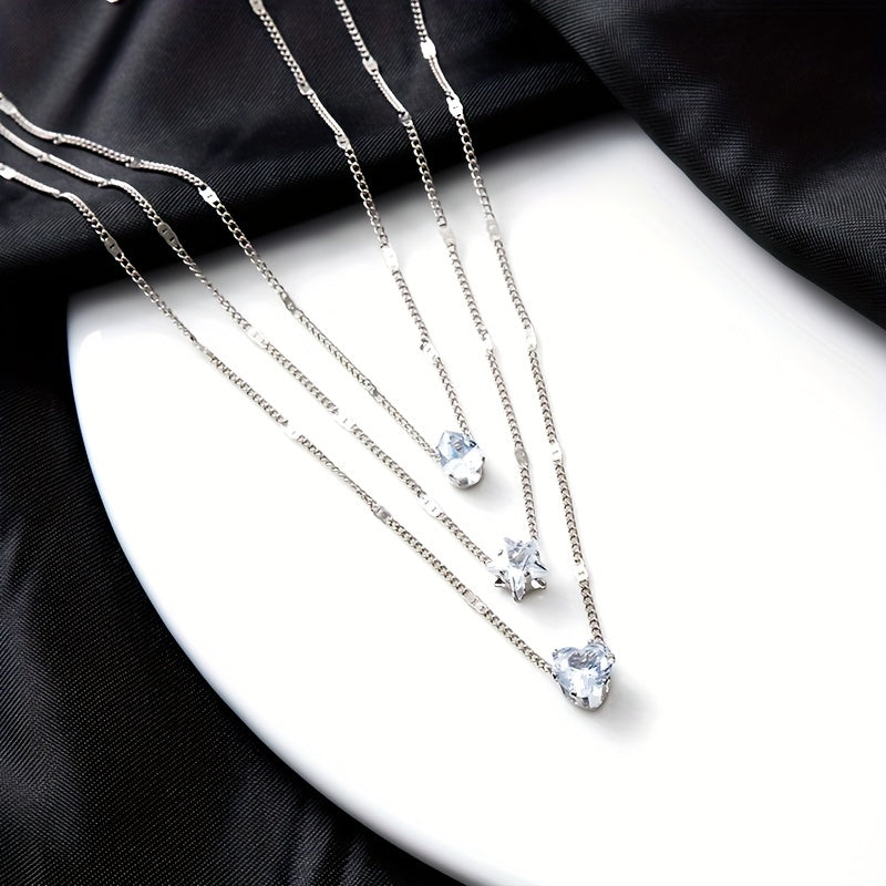 Girls Vintage Layered Heart Star Drop Pendant Necklace