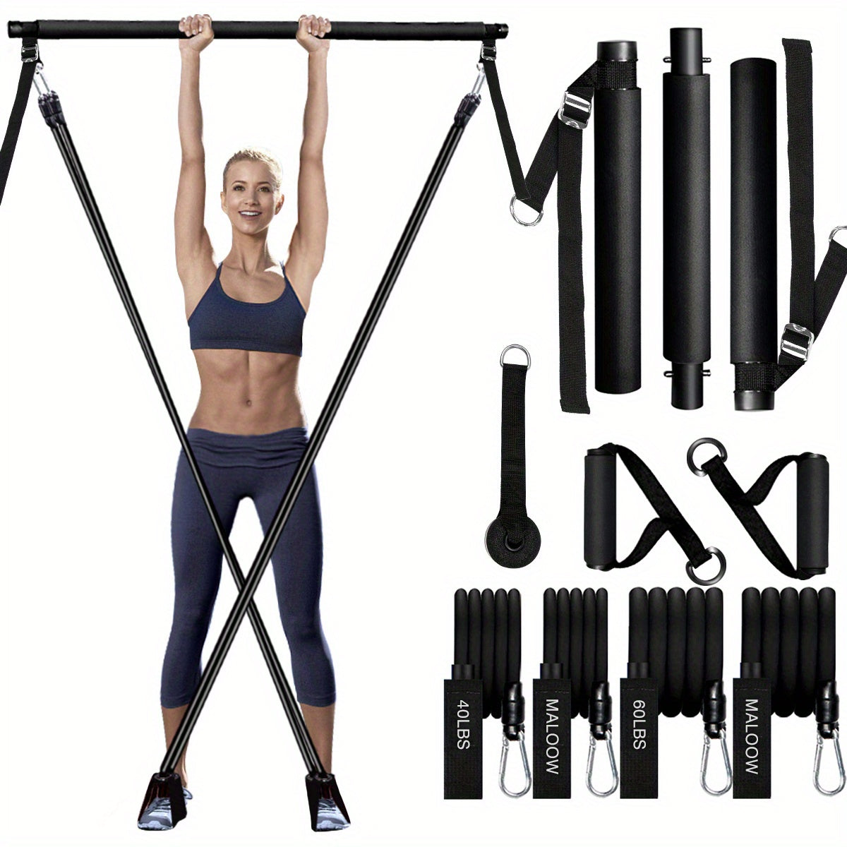 Portable Home Gym Pilates Bar Kit with Resistance Bands