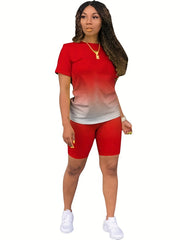Casual Gradient Two-piece Set Crew Neck Short Sleeve T Shirt & Elastic Waist Sho