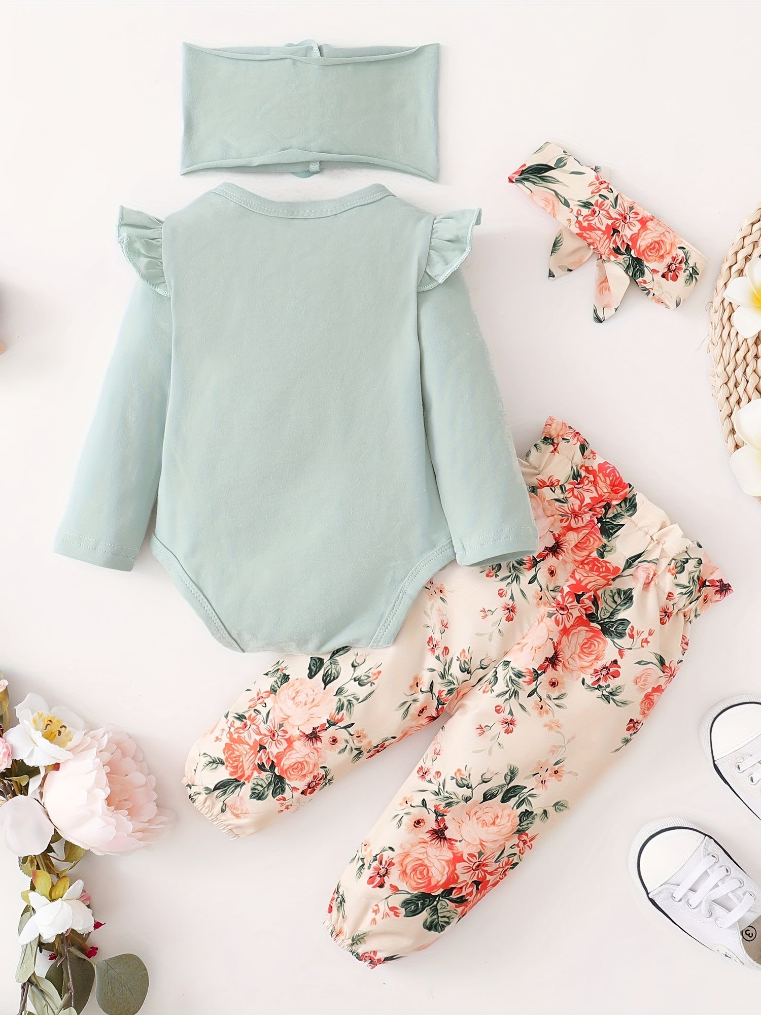 Casual Baby Girls Outfit Long Sleeve Onesie Romper Pants Headbands Gift Set
