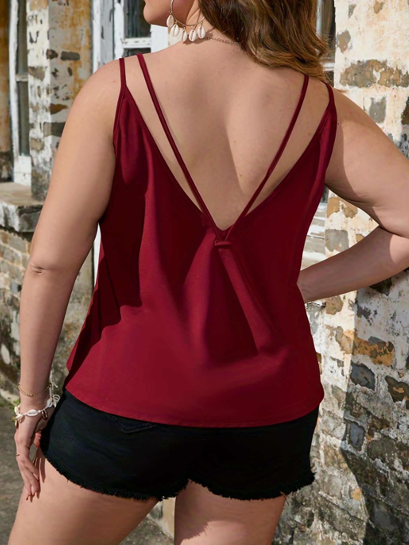 Casual Cami Top Women's Plus Plain Split Strap V Neck