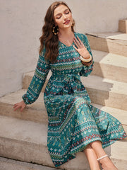 Argyle Print Midi Dress V Neck Lantern Sleeve Dress