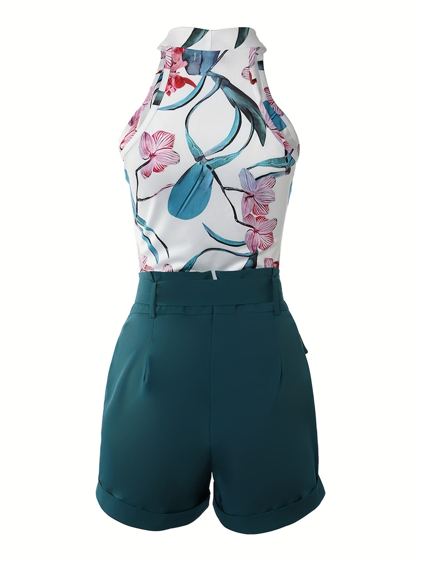 Floral Print Tank Top & Shorts Set with Belt Outfit
