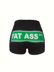 Plus Size Women's Art Letter Print High Rise Skinny Shorts
