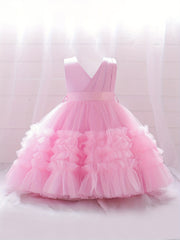 Girls Sleeveless V Neck Mesh Princess Dress with Bowknot Belt