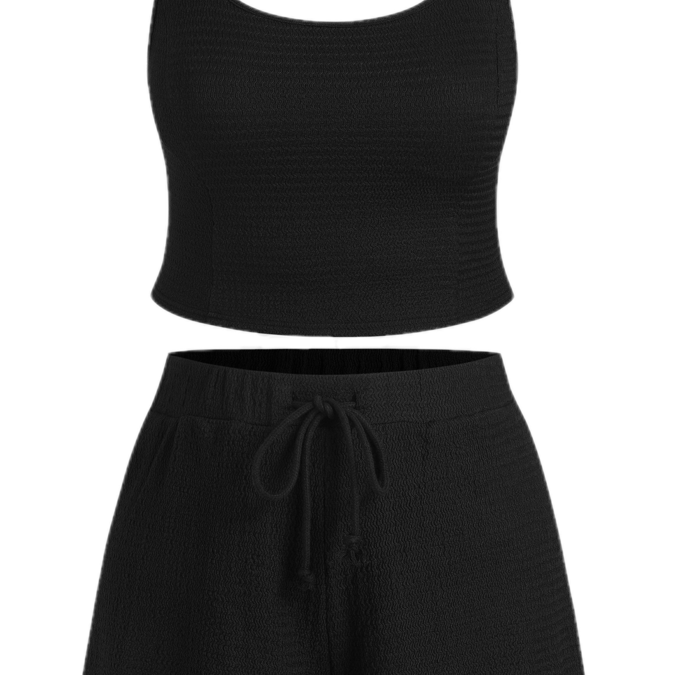 Solid Round Neck Tank Top & Drawstring Elastic Shorts Set