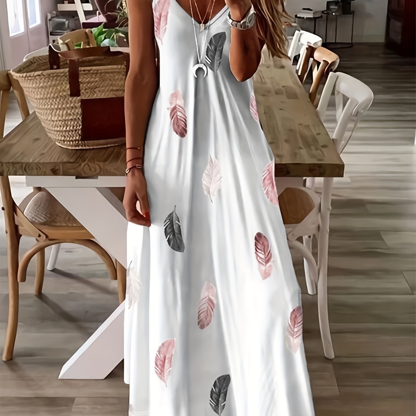 Casual Cami Dress V Neck Feather Print Max