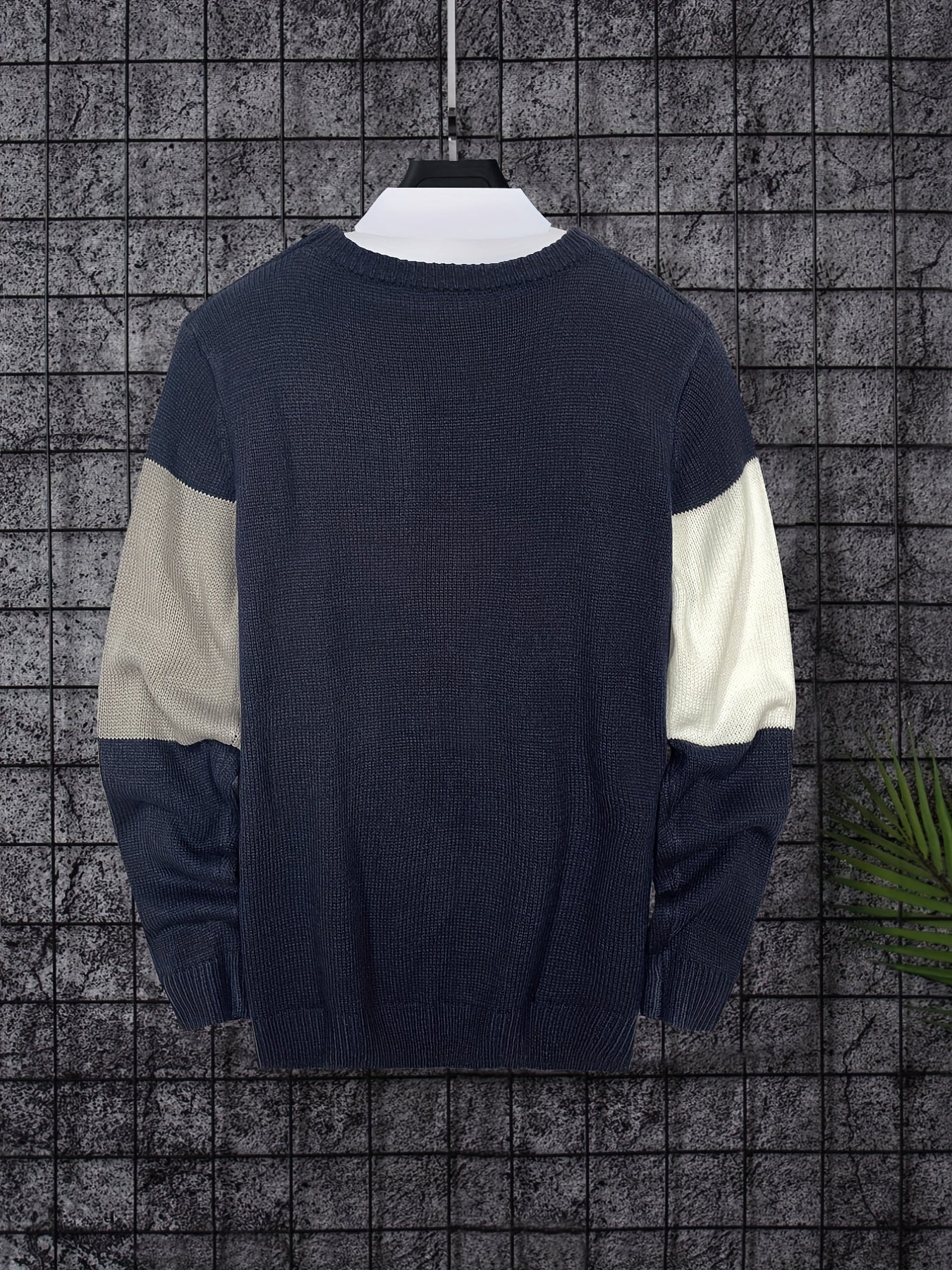 Knitted Block Sweater Men's Casual Warm Crew Neck Pullover