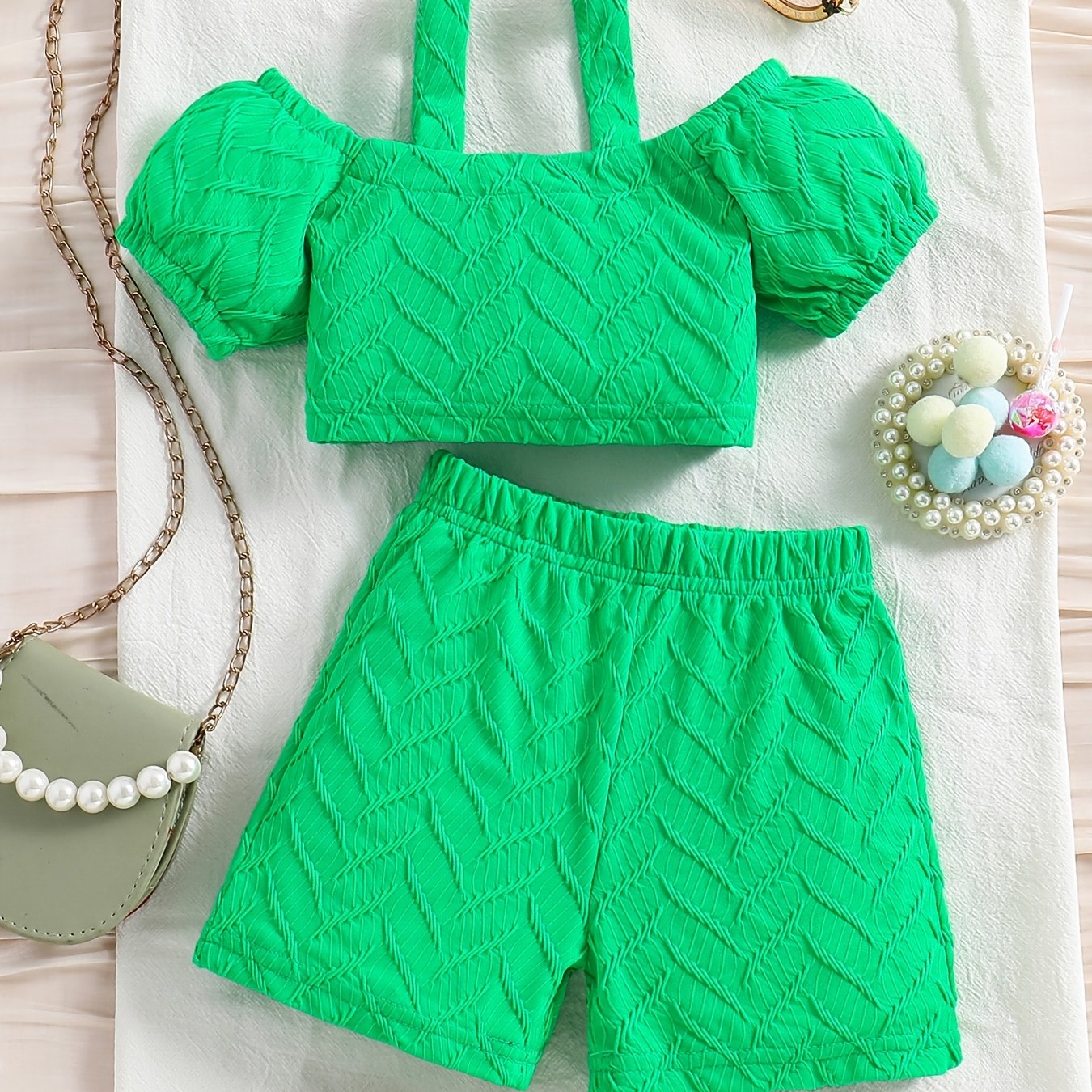 2pcs Toddler Girls Chevron Textured Crop Top & Shorts Set