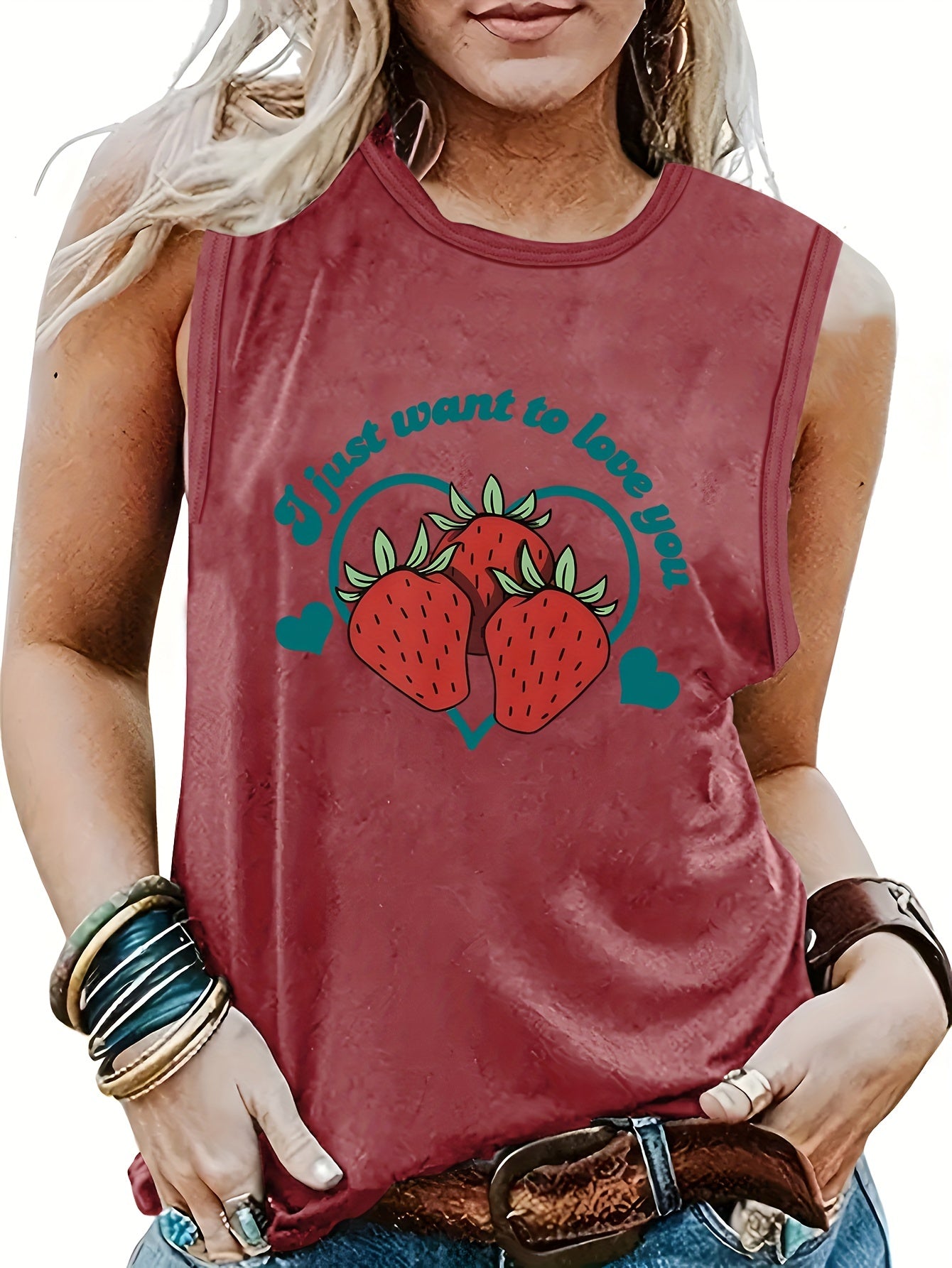 Strawberry Print Sleeveless Tank Top Summer Women's Clothing