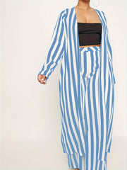 Women's Plus Stripe Print Cardigan & Wide Leg Pants Outfit Set