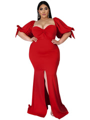 Puff Sleeve Bodycon Dress with High Split