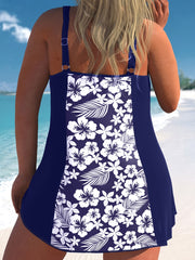 Floral Print Colorblock Bikini Set V Neck Pleated T