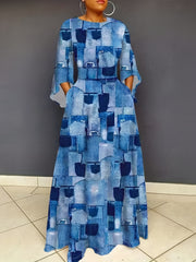 Denim Print Bell Sleeve Maxi Dress With Pockets