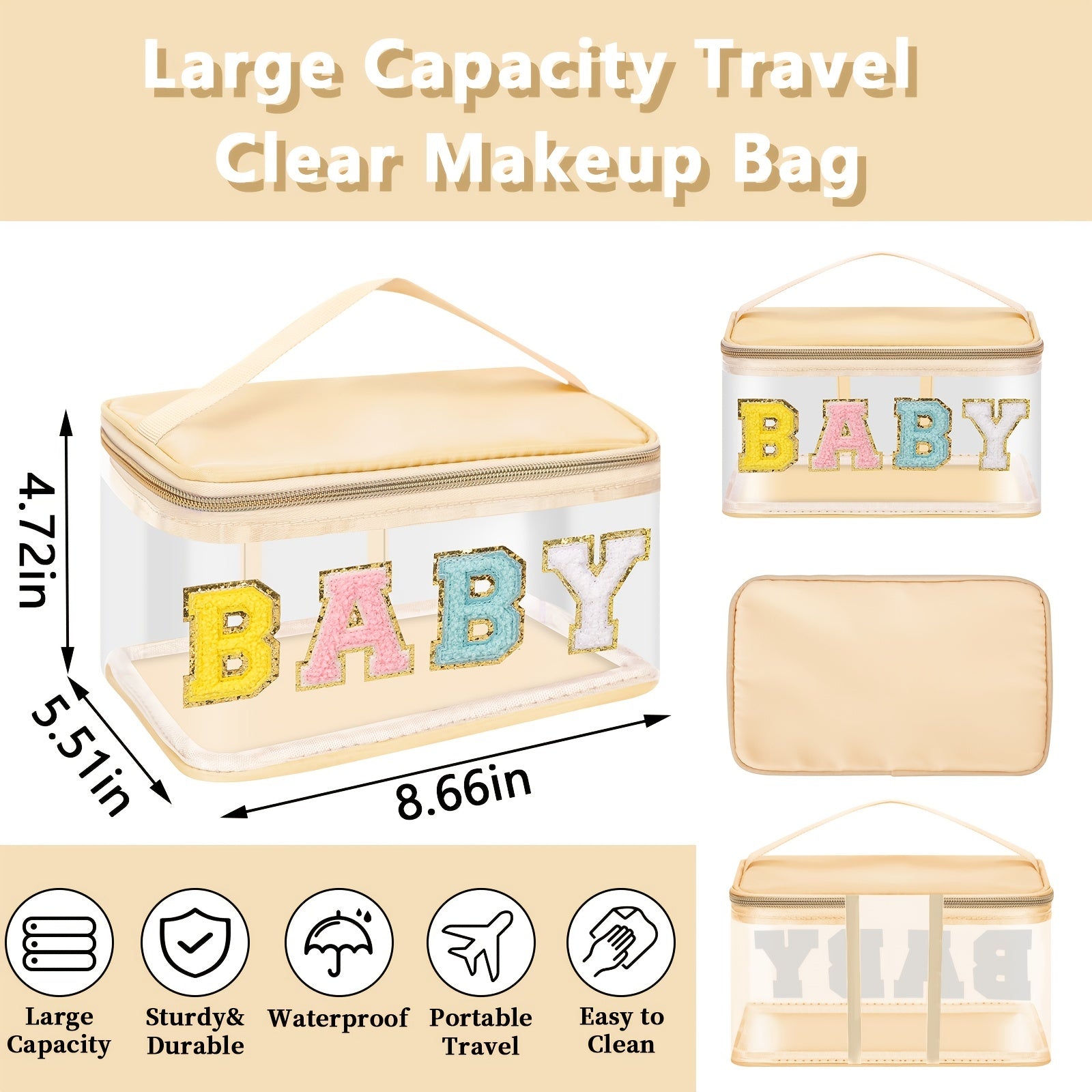 Chenille Letter Clear Makeup Bag Zipper Waterproof Cosmetic Handbag