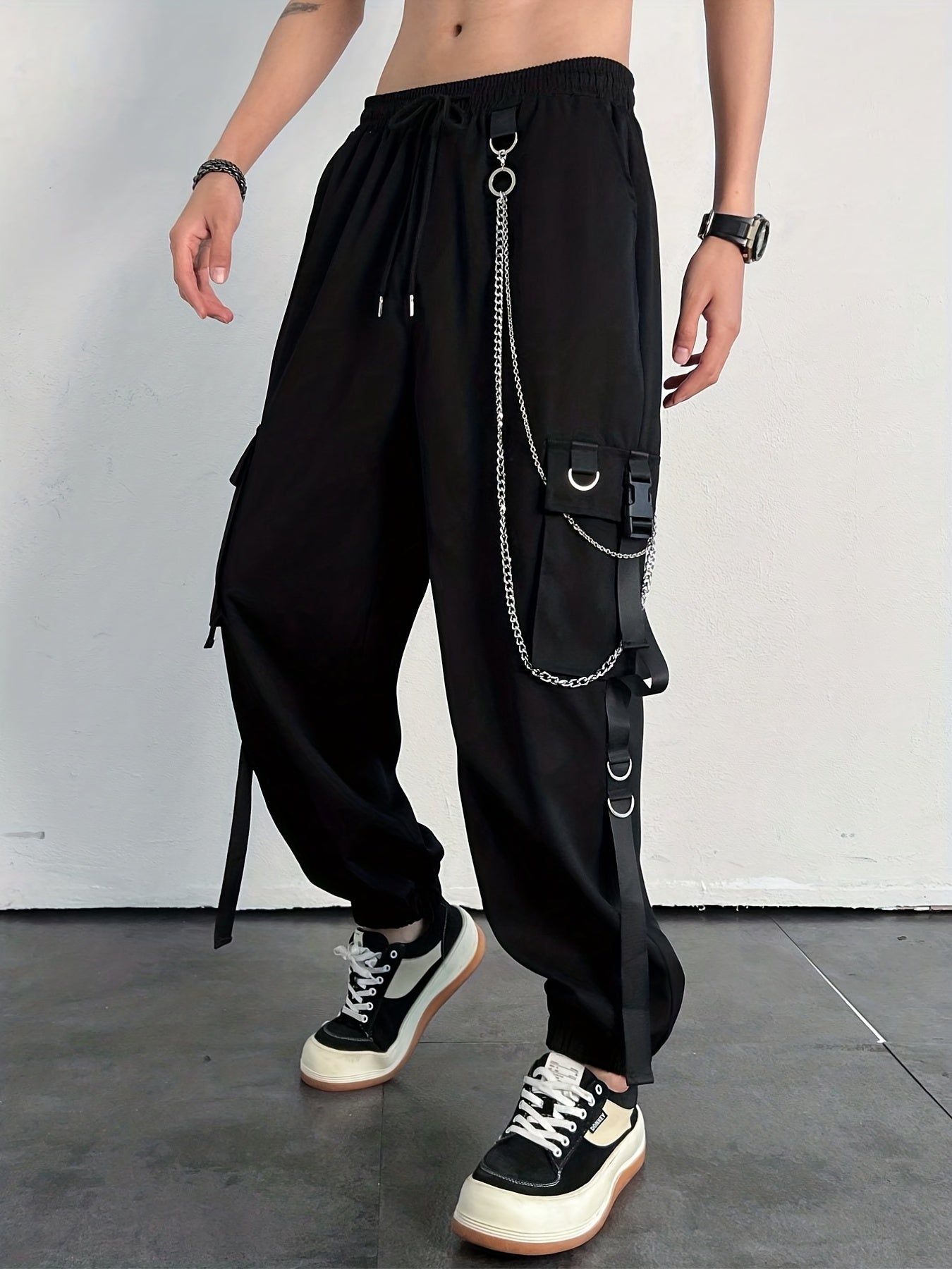 Men's Drawstring Sweatpants with Chain Decor and Pockets