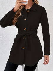 Solid Button Front Coat Collared Long Sleeve Outerwear Women's Clothing