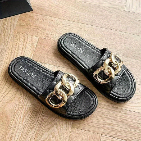 Women's Chain Decor Slide Shoes Quilted Soft Sole PVC Shoes