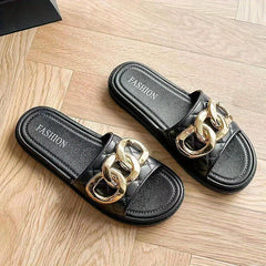Women's Chain Decor Slide Shoes Quilted Soft Sole PVC Shoes