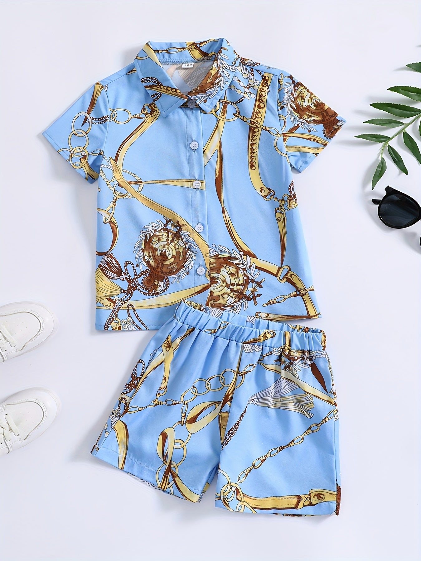 Boys 2pcs Metal Chain Print Outfit Short Sleeves Button Down Shirt & Shorts
