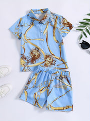 Boys 2pcs Metal Chain Print Outfit Short Sleeves Button Down Shirt & Shorts