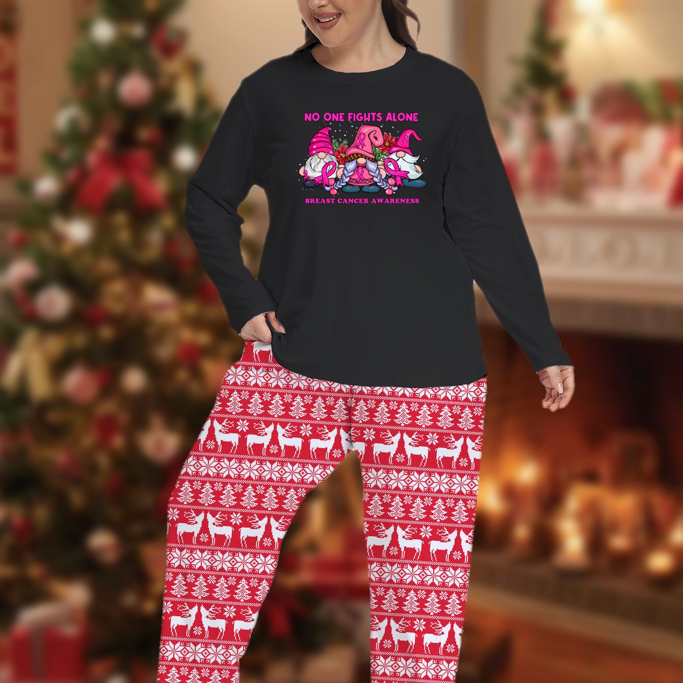 Plus Size Christmas Pajamas Set - Gnomes & Elk Print Long Sleeve Shirt & Pants