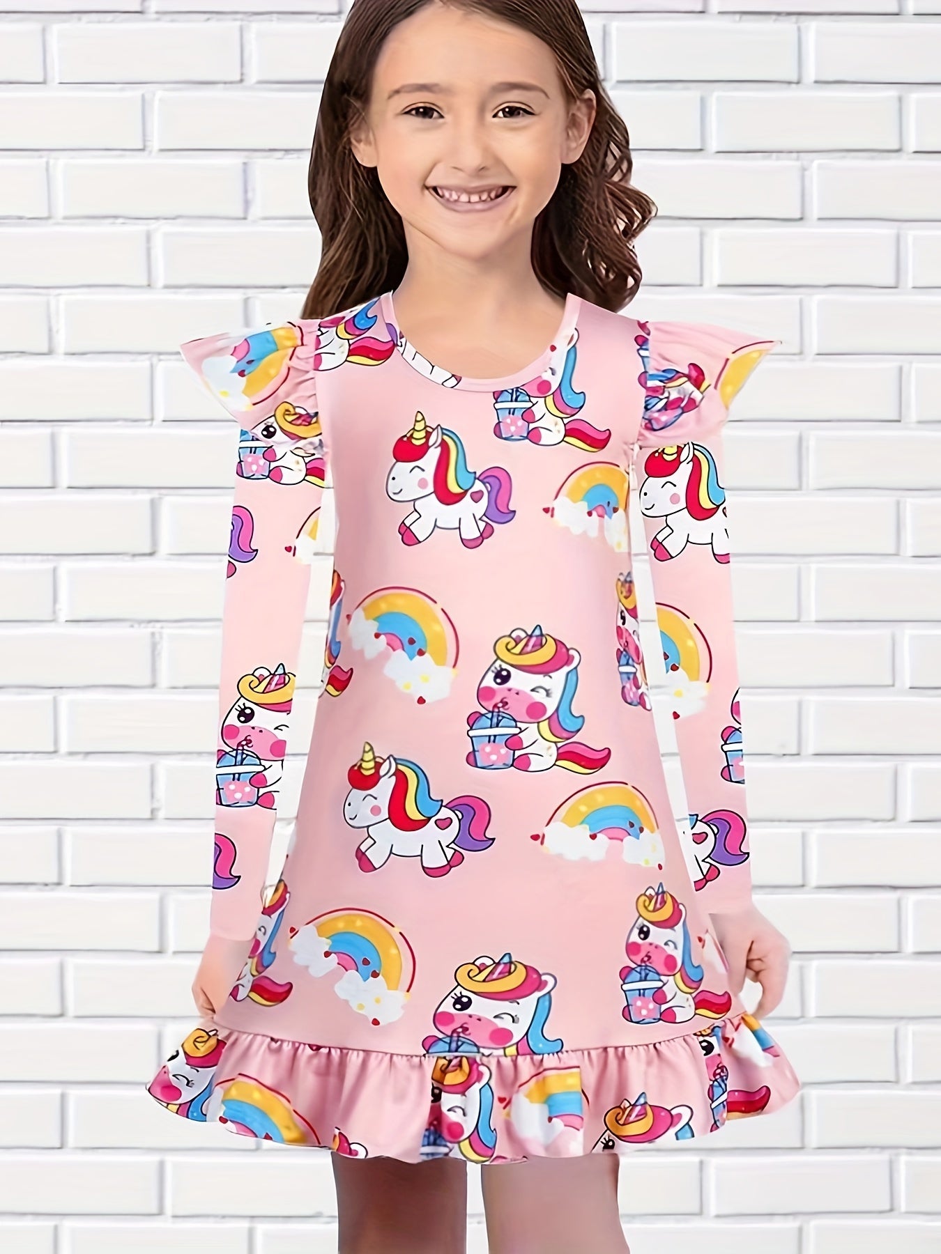 Girls Unicorn Print Flutter Trim Dress Spring Fall Christmas Gift