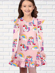 Girls Unicorn Print Flutter Trim Dress Spring Fall Christmas Gift