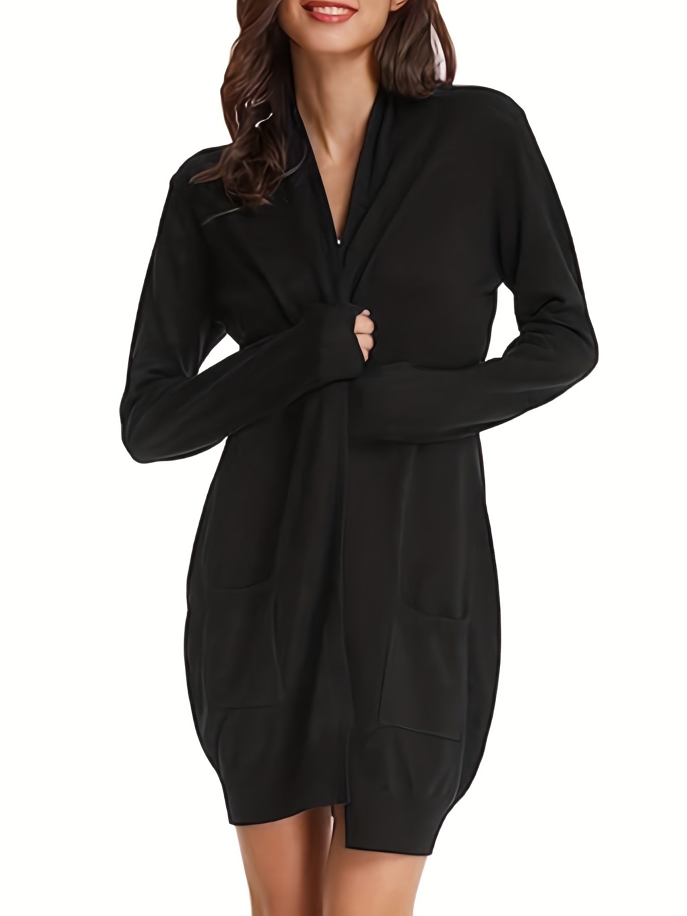 Solid Long Sleeve Open Front Cardigan With Pockets