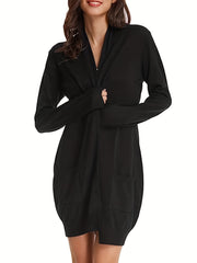 Solid Long Sleeve Open Front Cardigan With Pockets