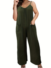 Casual Sleeveless Wide Leg Jumpsuit with Patched Pockets