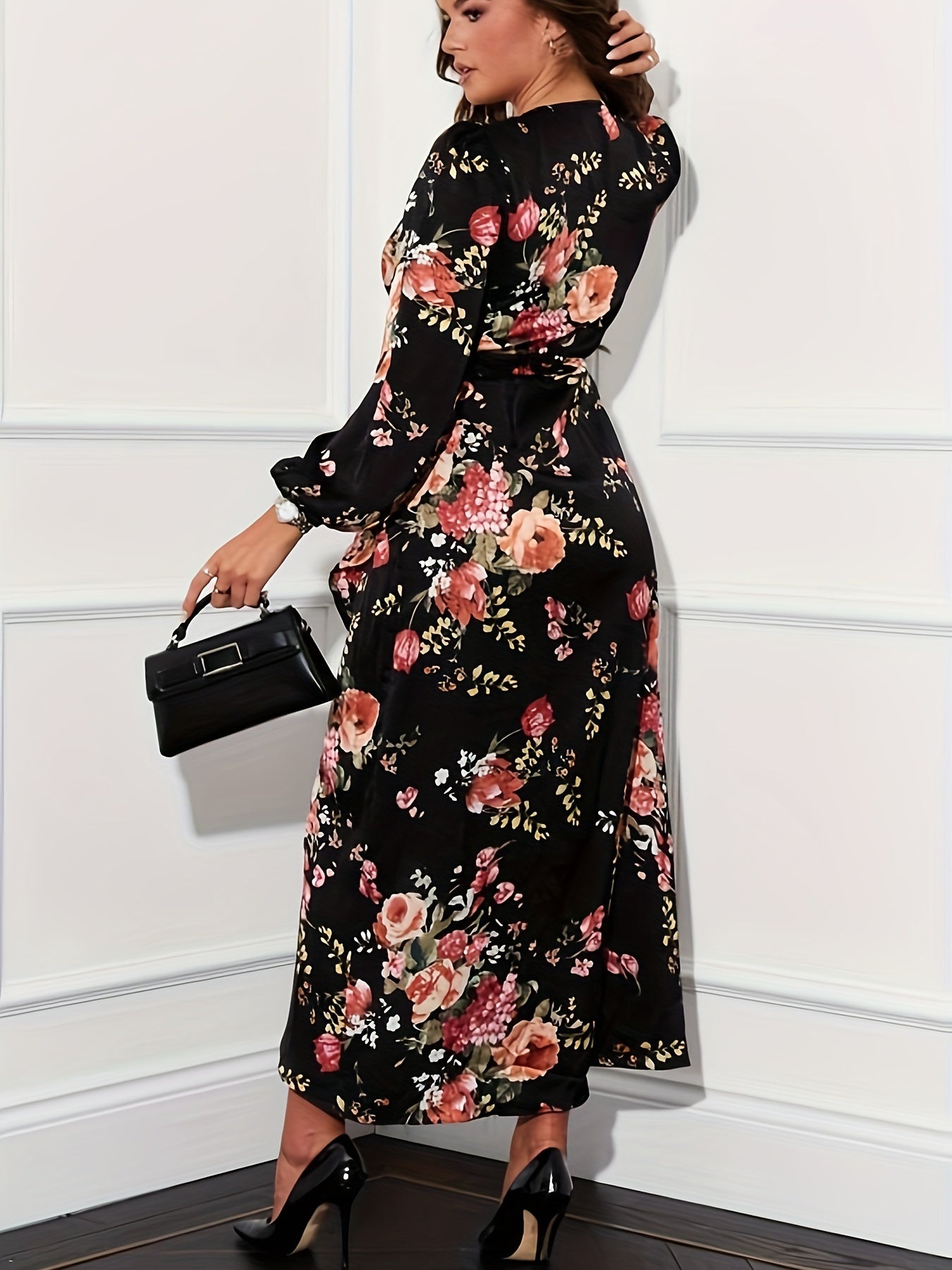 Floral Lantern Sleeve Wrap Dress