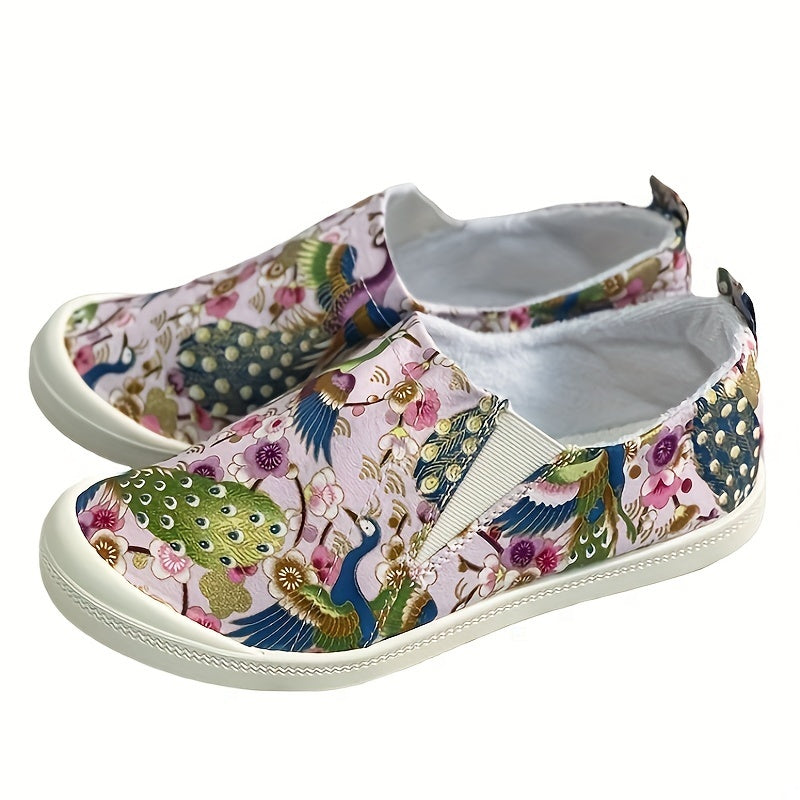 Pink Phoenix Pattern Flat Slip On Shoes Women's Shallow Mouth Casual Shoes