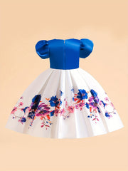 Boho Flowers Formal Dress With Bow And Puff Sleeve For Little Girls