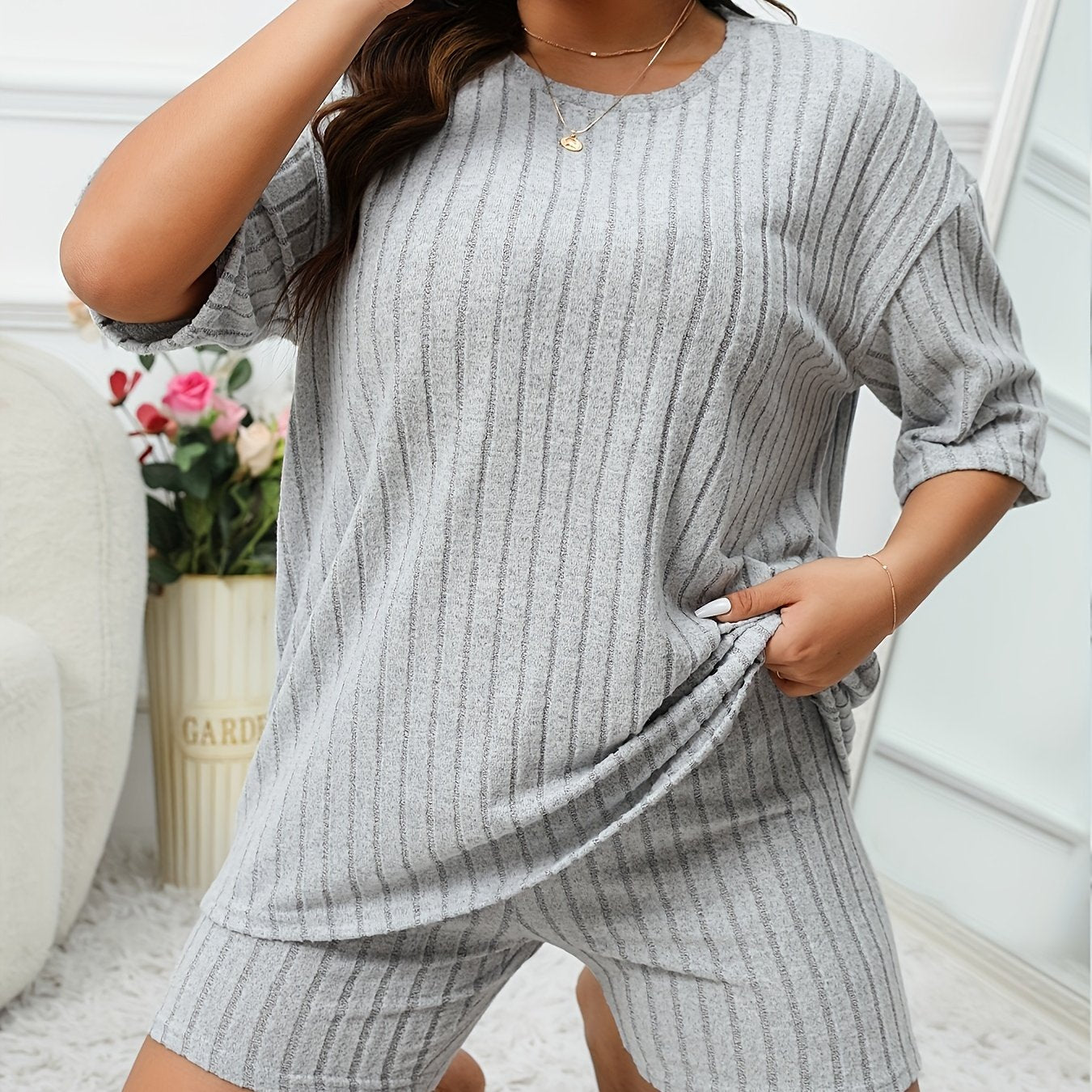 Lounge Set Ribbed Knit Half Sleeve Tee & Biker Shorts Pajama Set