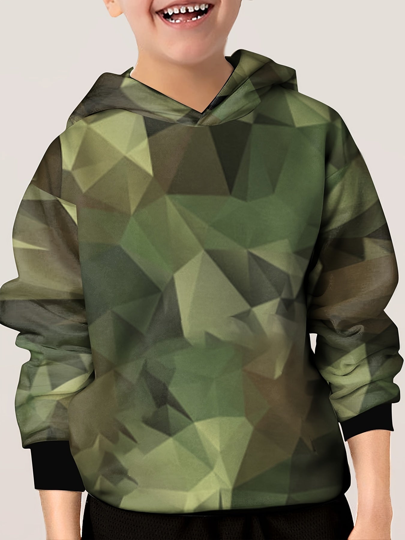Kids Army Green Pattern Hoodie Pullover Long Sleeve Top