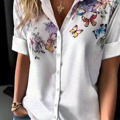 Women's Plus Butterfly & Floral Print Button Up Long Sleeve Blouse