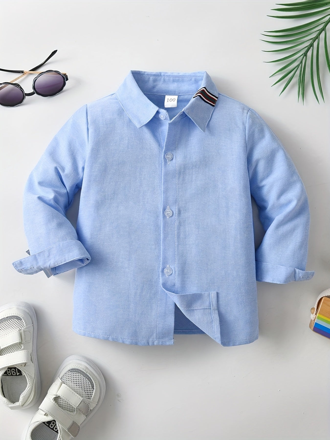 Boys Solid Long Sleeve Button Down Lapel Shirt