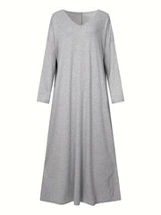 Solid Long Sleeve V Neck Stretch Maxi Dress