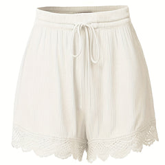 Casual Shorts Women's Plus Solid Elastic Drawstring Contrast Lace Trim