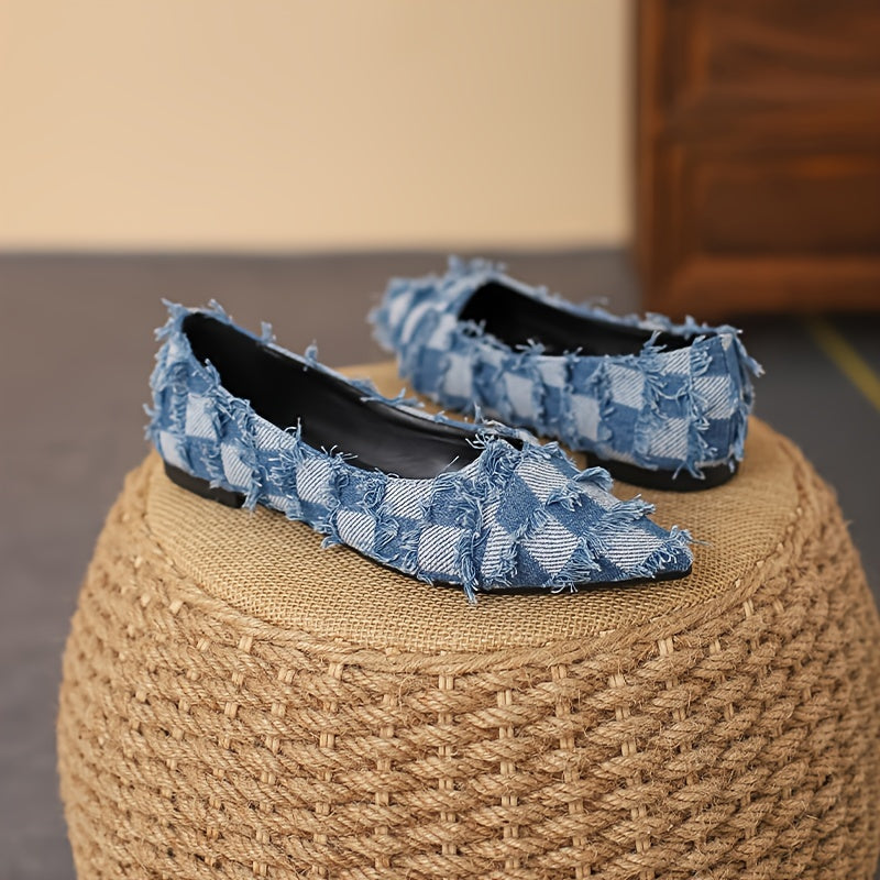 Women's Plaid Flat Shoes Lightweight Denim Comfortable Walking Shoes