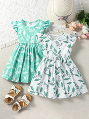 2pcs Toddler Girls Ruffle Trim Leaf Graphic Dress for Party Beach Vacation