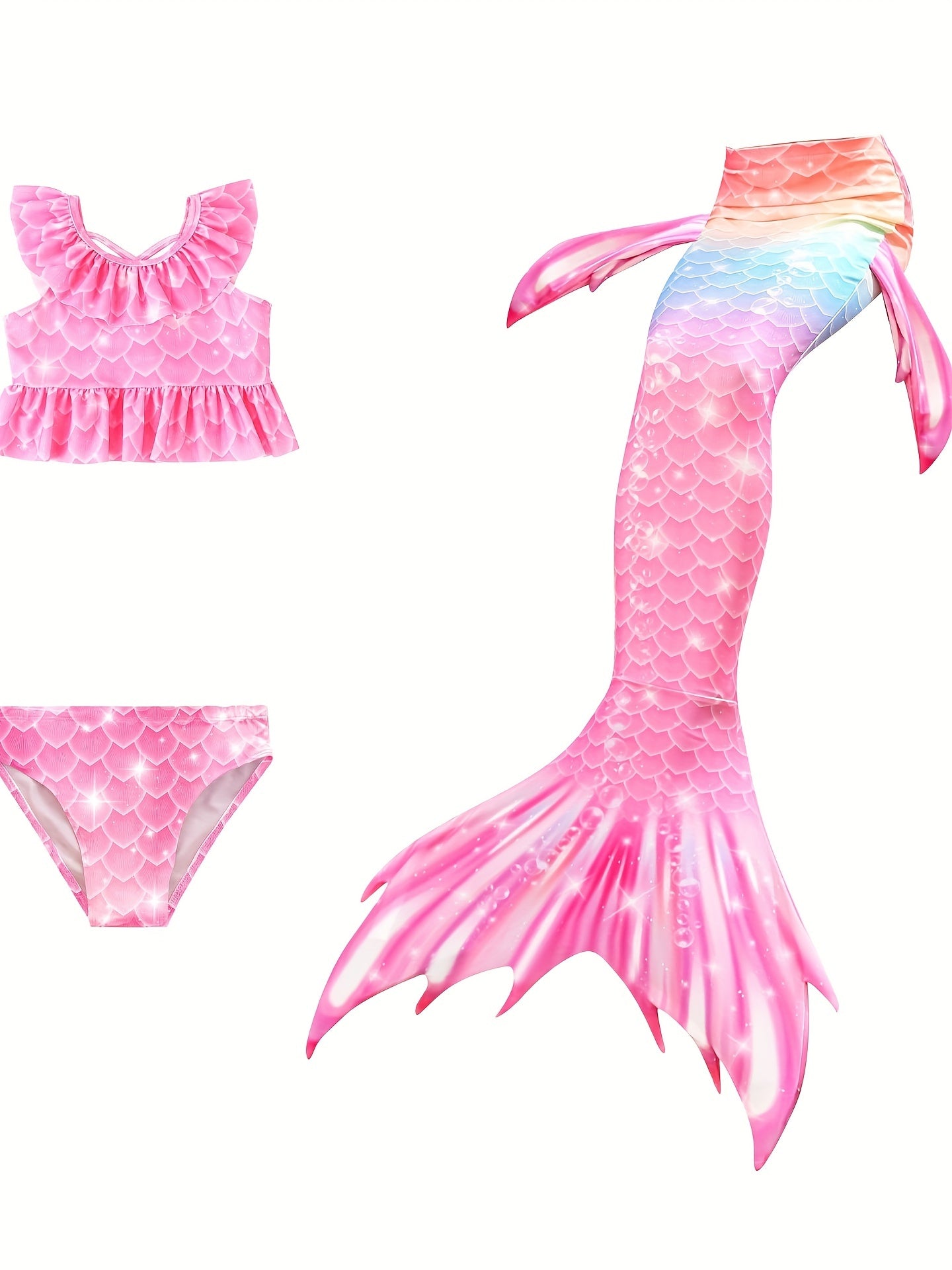 Girl's Tie Dye Mermaid Swimsuit Ruffle Bikini Set & Mermaid Tail Costume