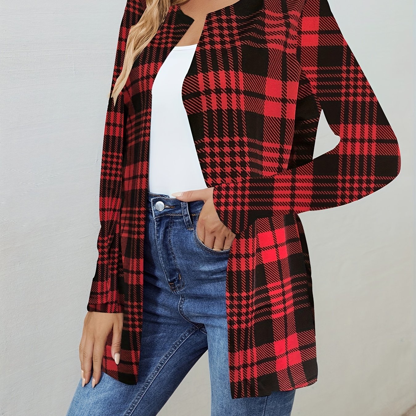 Plaid Print Open Front Jacket Long Sleeve for Spring & Fall