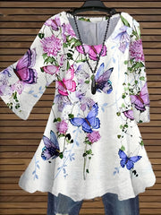 Floral & Butterfly Print Plus Size Blouse