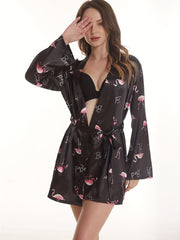 Flamingo Print Night Robe Long Sleeve V Neck Robe Women's Sleepwear