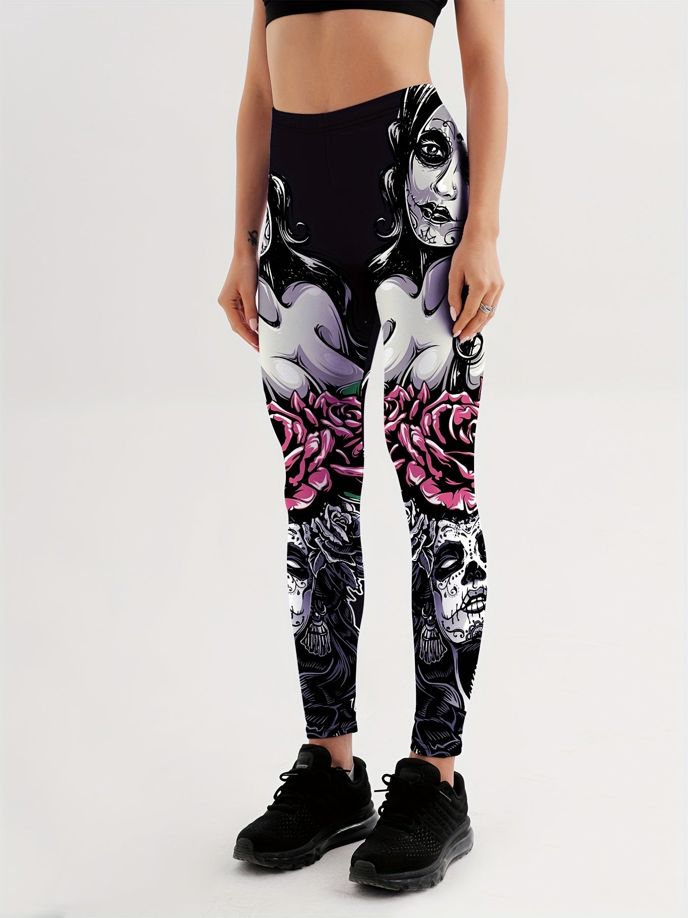 Girls Rose Print Yoga Leggings Mid Waist Fitness Workout Exercise Sports Pants