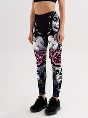 Girls Rose Print Yoga Leggings Mid Waist Fitness Workout Exercise Sports Pants