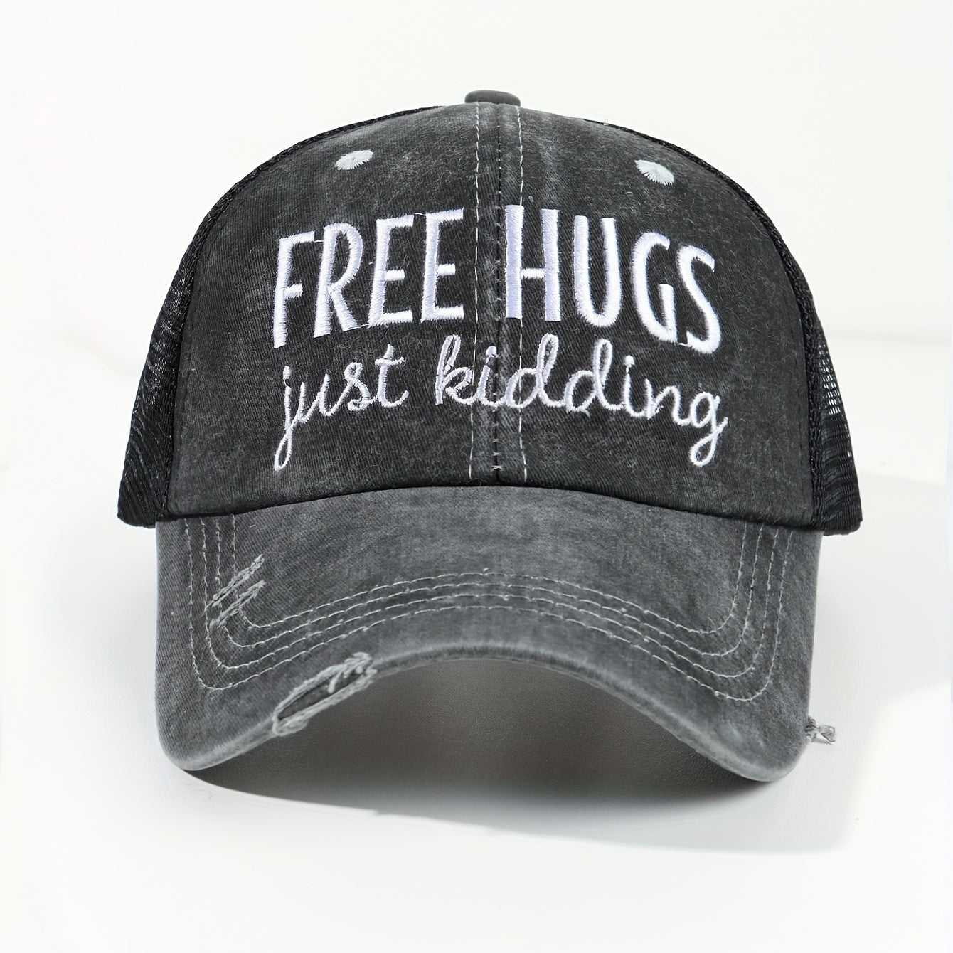 HUGS Ponytail Trucker Hats Washed Distressed Embroidery Baseball Cap